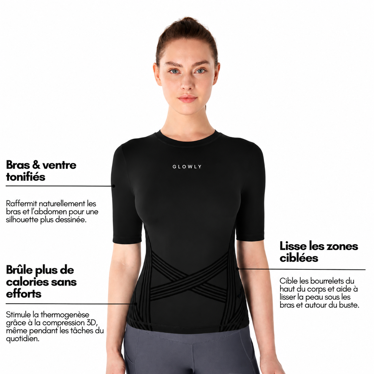 Infographie tee-shirt Glowly 3D : bras et ventre toniques, zones ciblées lissées