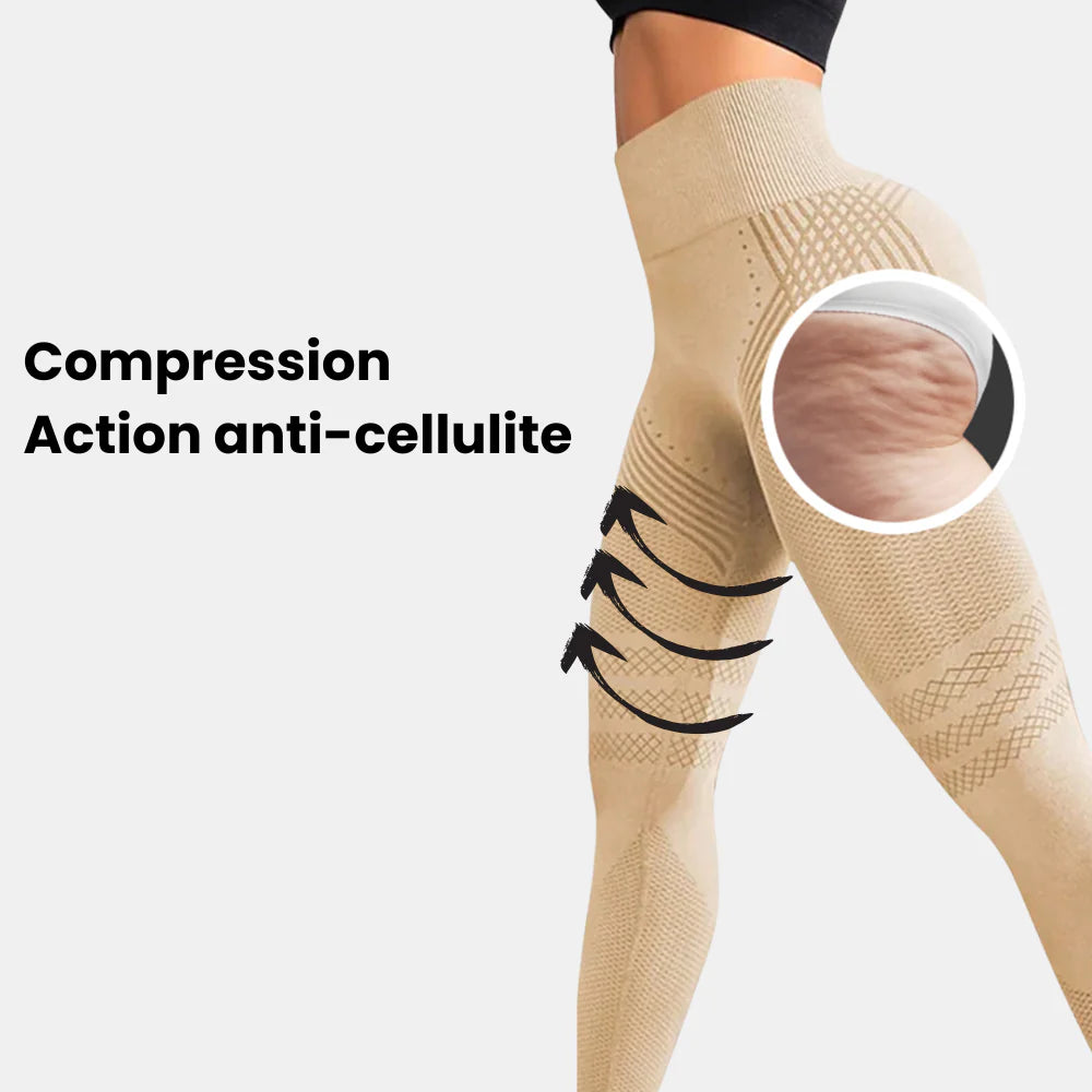 Infographie legging Glowly 3D : zoom compression genou, tissu technique