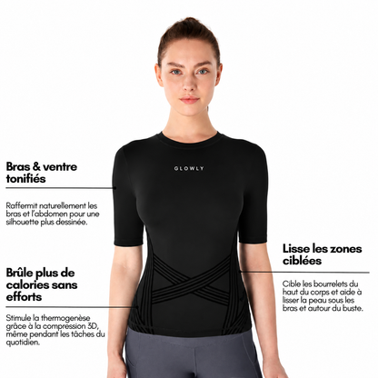 Infographie tee-shirt Glowly 3D : bras et ventre toniques, zones ciblées lissées
